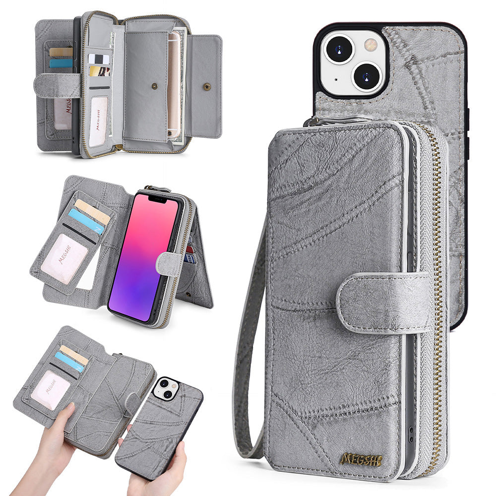 MEGSHI 004 Series Detachable Zipper Wallet Case for iPhone 14 Plus Stand Leather Phone Cover with Mirror MEGSHI 004 Series Detachable Zipper Wallet Case for iPhone 14 Plus Stand Leather Phone Cover with Mirror